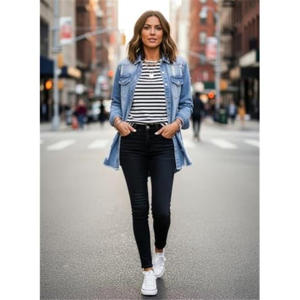 Women's Oversized Denim Jacket Casual Long Sleeve Denim Shirts - Picture 5 of 7